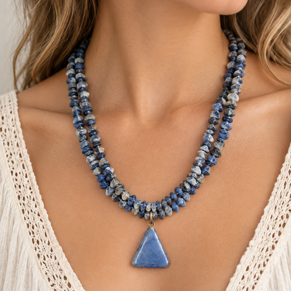 Natural sodalite chip necklace with blue triangle pendant worn on young woman neck lifestyle photo