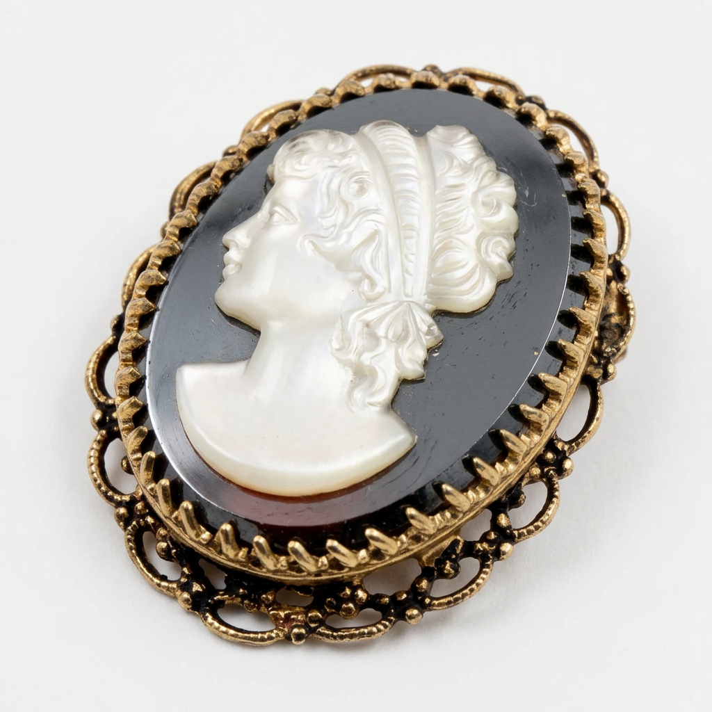 Vintage cameo brooch professional photo - white Roman lady on black glass with gold filigree frame