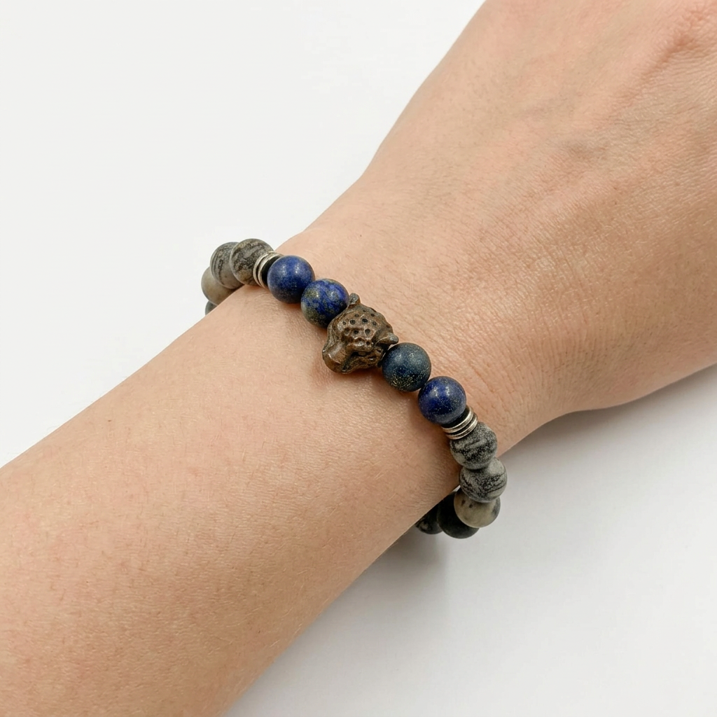 Picasso jasper lapis lazuli leopard bracelet on wrist