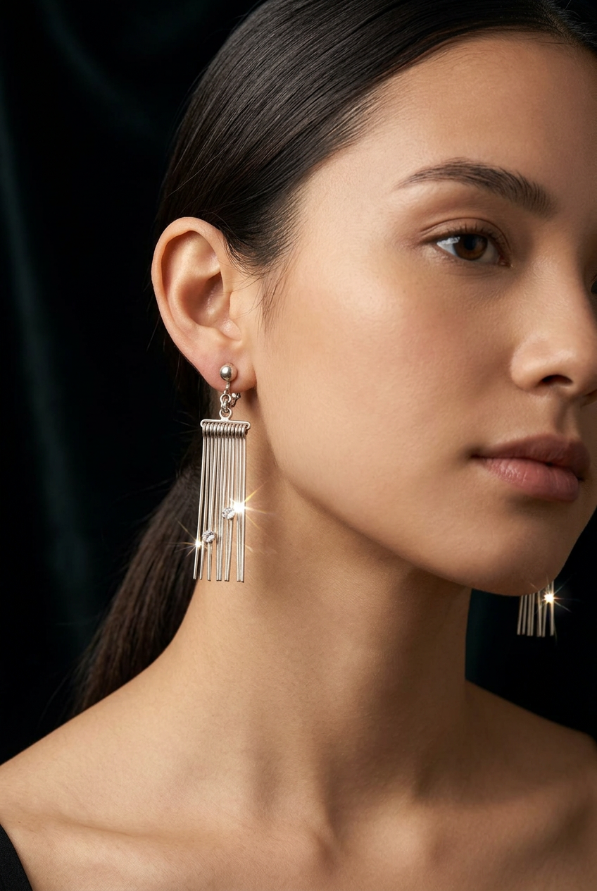 Woman wearing vintage silver harp wire chandelier earrings with crystal stones