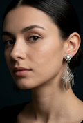 Elegant woman wearing vintage Israeli silver filigree chandelier earrings