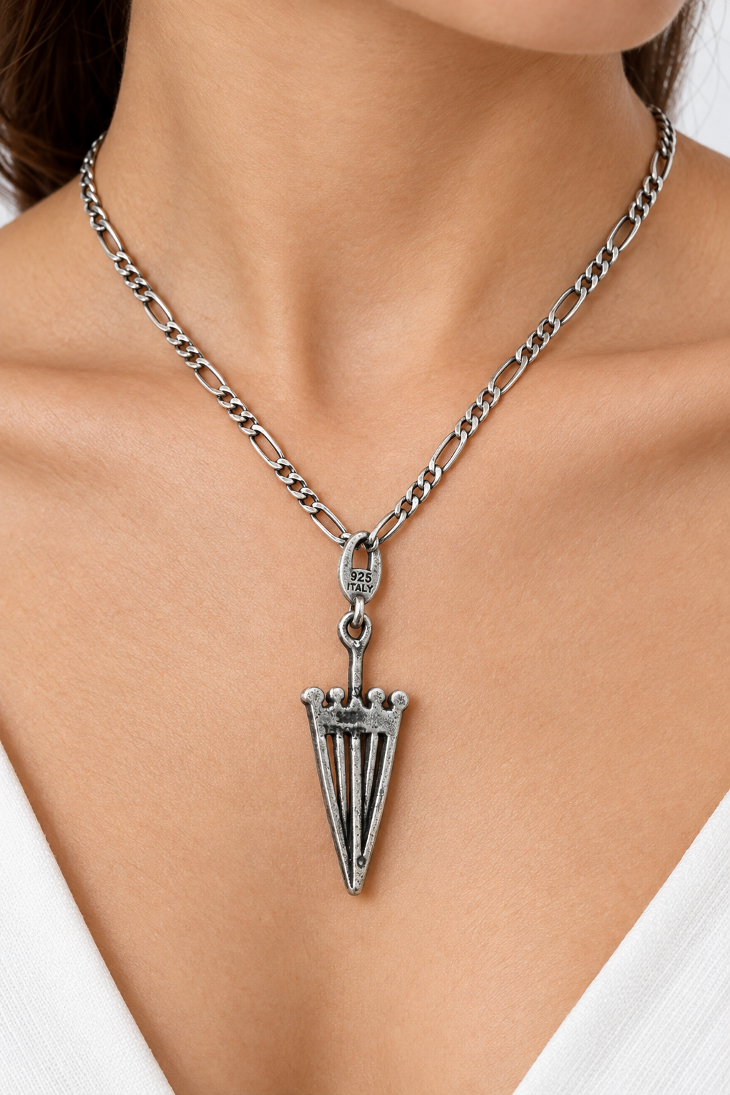 925 Italian silver umbrella pendant necklace worn on woman's neck
