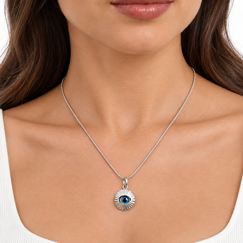 925 Italian silver evil eye necklace on woman's neck