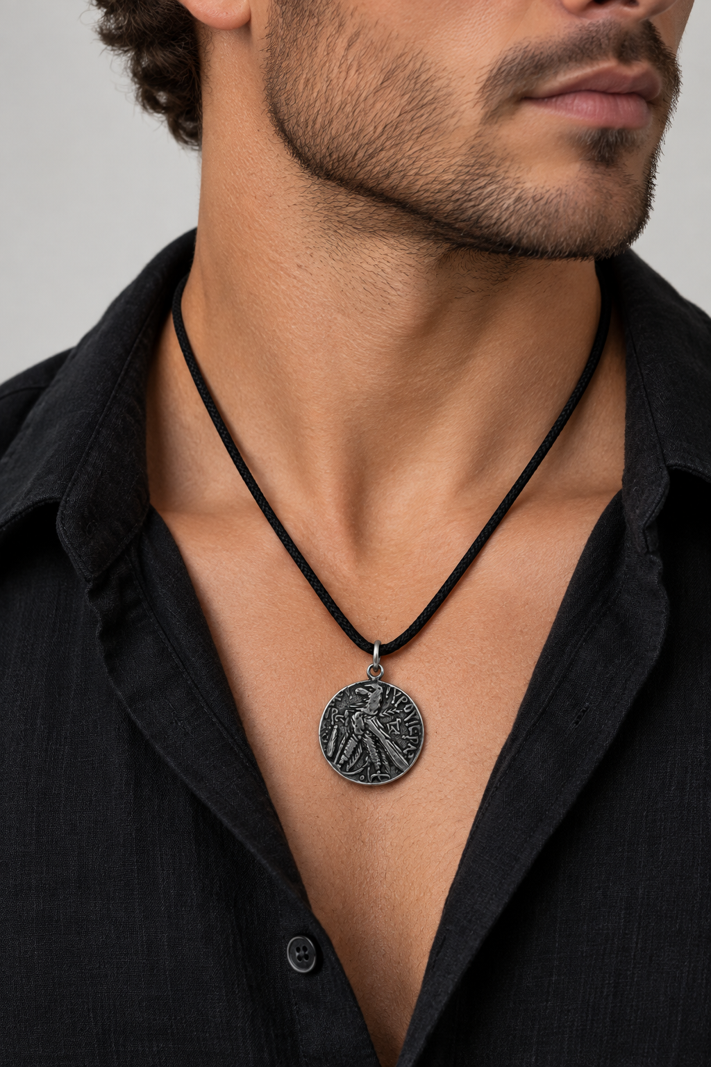 800 silver antique Roman coin pendant necklace worn on young man's neck
