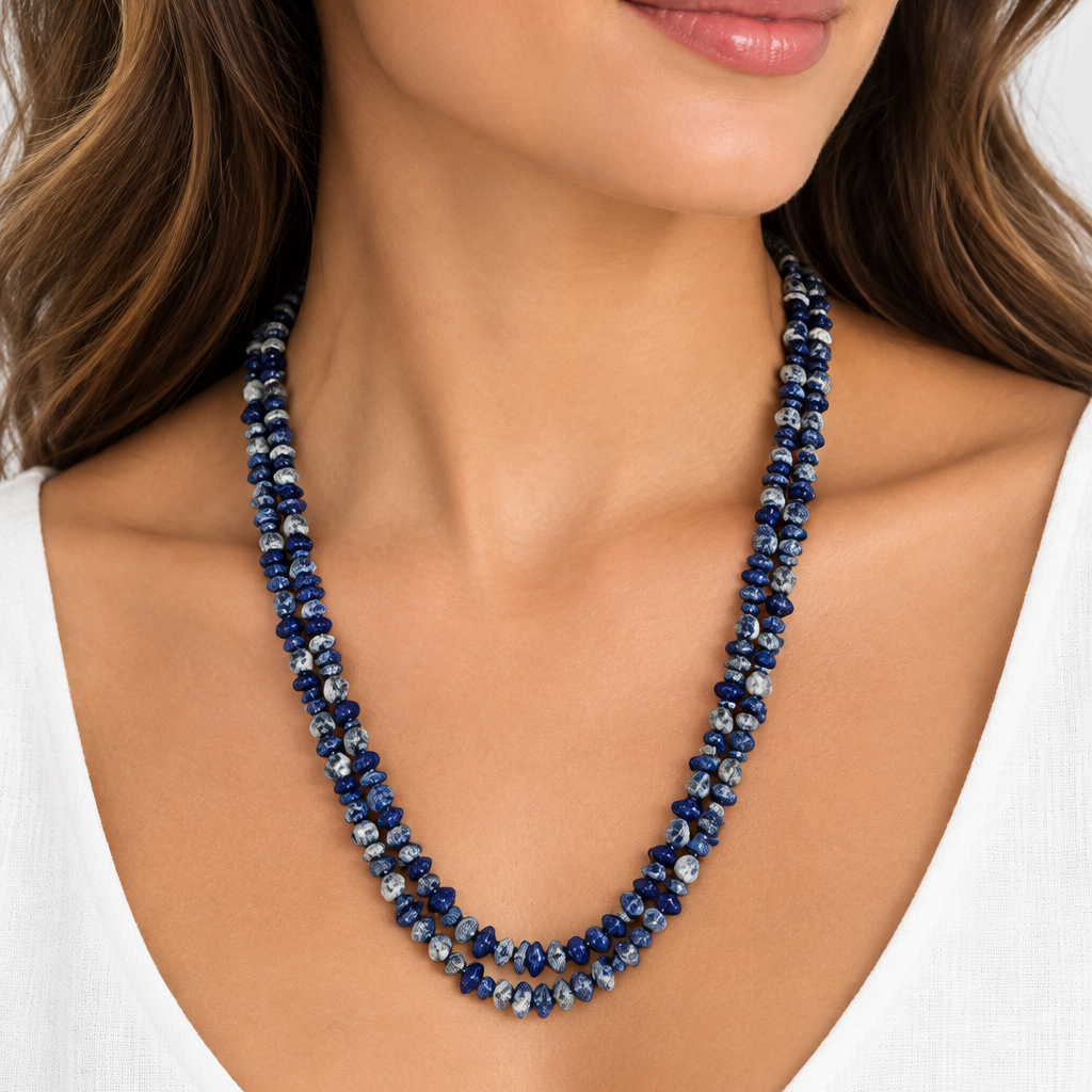 Natural Sodalite Chip Stone Necklace – Double Strand | 38 cm | 58g