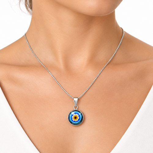 925 Italian silver Millefiori necklace on woman's neck