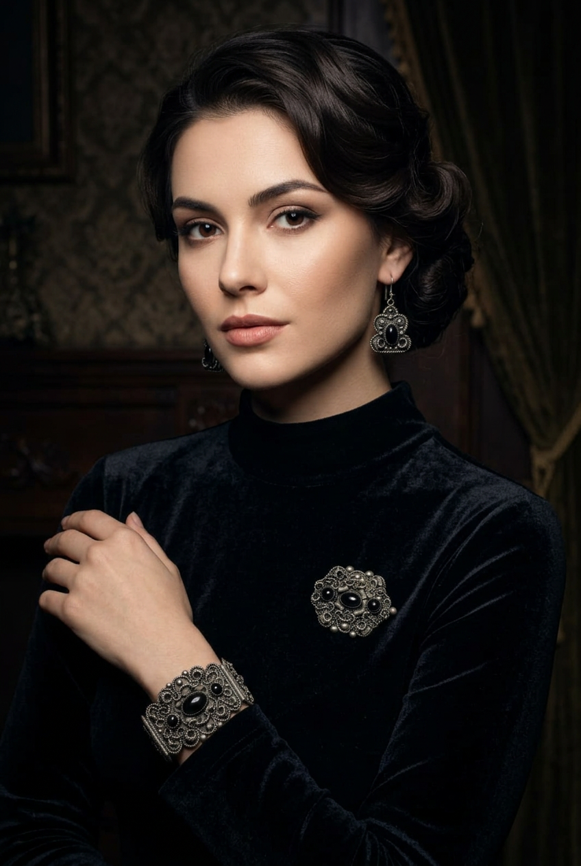 Woman wearing vintage Israeli silver filigree jewelry set with black beads