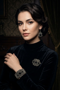 Woman wearing vintage Israeli silver filigree jewelry set with black beads