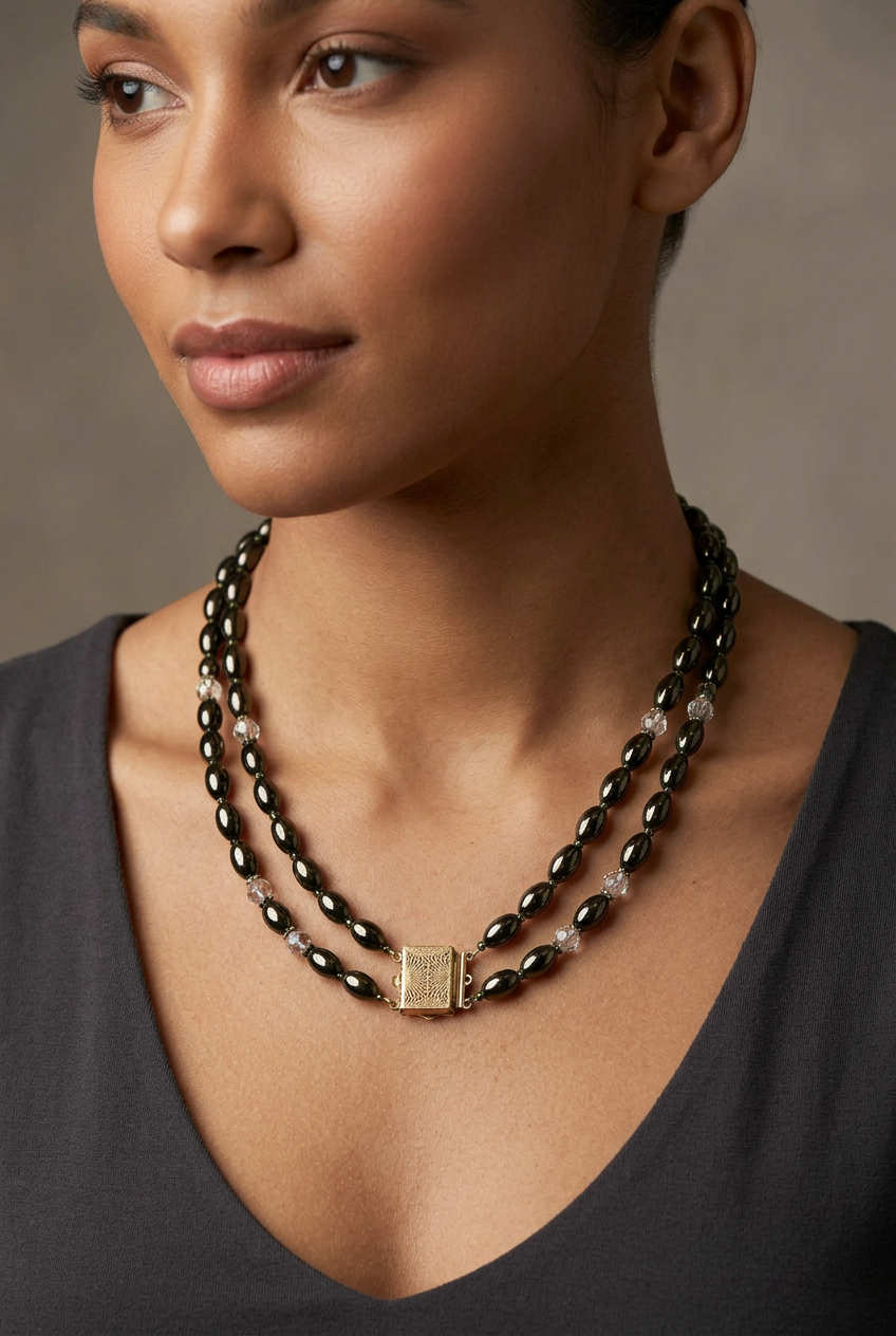 Vintage Double Strand Black Beaded Necklace on Woman